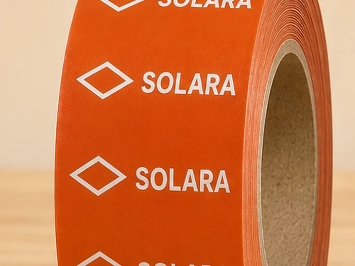 Rolo de fita personalizada laranja com logotipo impresso repetido
