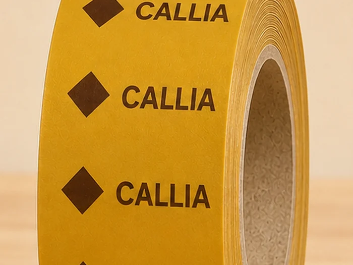 Rolo de fita personalizada amarela com logotipo impresso repetido