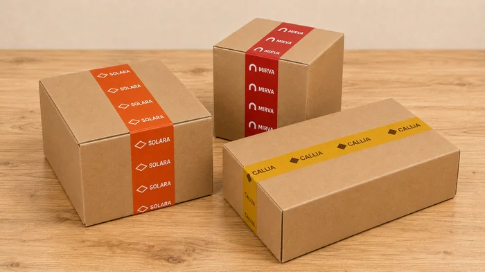 Caixas lacradas com fitas personalizadas de logotipos diferentes