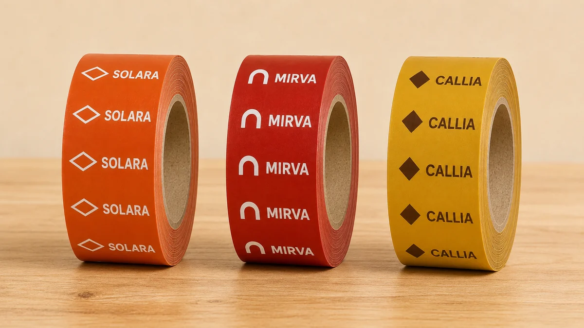 Rolo de fita personalizada com logotipo de cliente impresso, aplicado sobre caixa